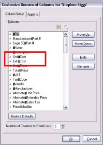 QuoteWerks Customize Document Columns screen