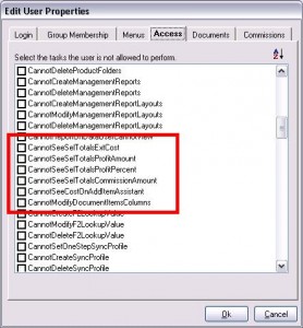QuoteWerks Edit User Properties screen QuoteWerks Edit User Properties screen
